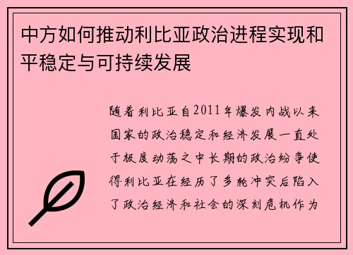 中方如何推动利比亚政治进程实现和平稳定与可持续发展